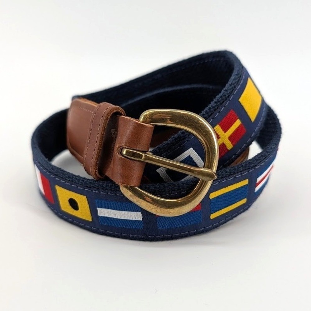 Nautical Flag Belt w/ Leather Trim & Brass Buckle – New England‎ Coastal Prep